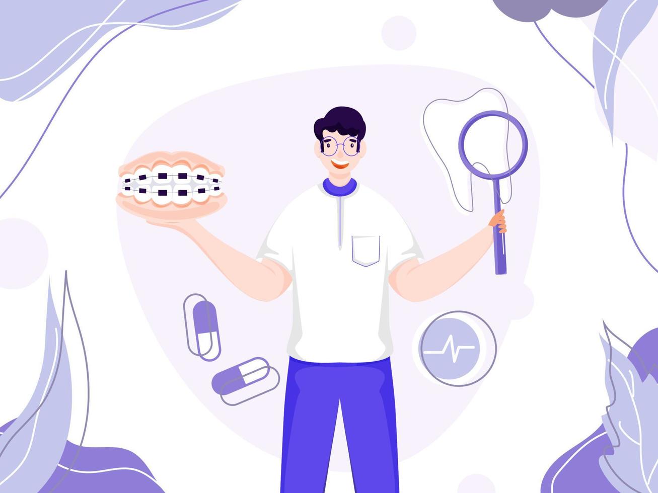 Vector Illustration of Young Man Holding Magnifying Glass with Teeth Braces and Medicines on White Background.