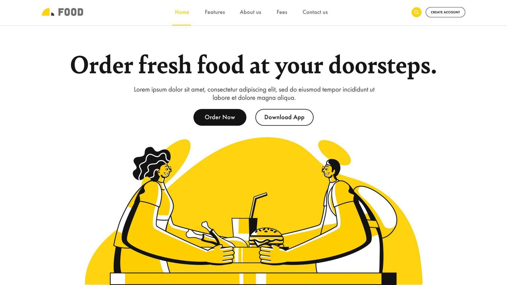 Order Fresh Food At Your Doorsteps Landing Page Design with Courier Man Giving Delicious Food to Woman Customer. vector