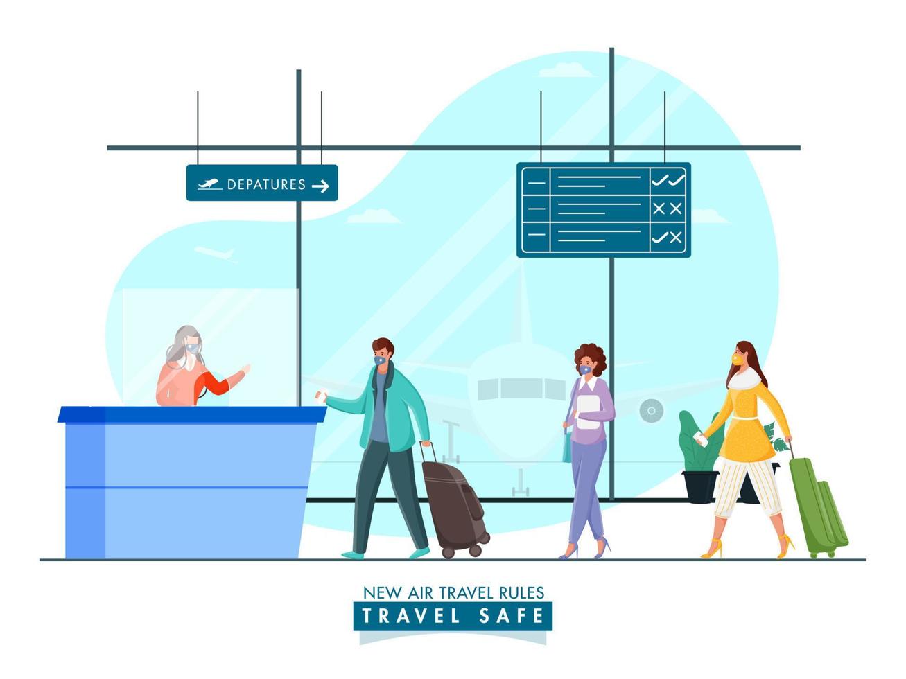 Passenger People Wear Protective Masks in Front of Airport Reception Counter with Maintaining Social Distance for Avoid Coronavirus. vector