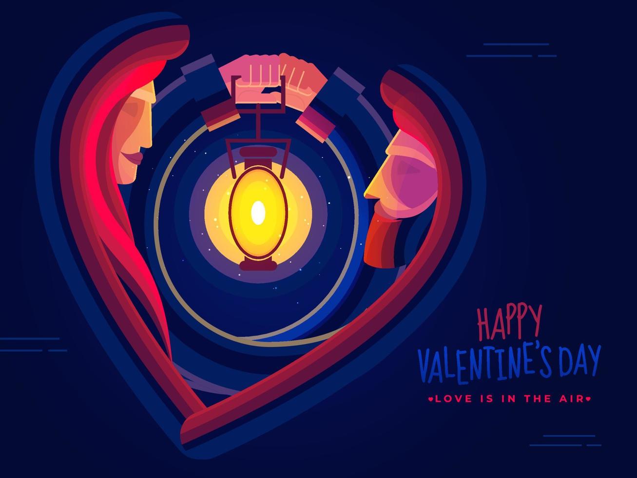 amante Pareja participación iluminado linterna en corazón forma en azul antecedentes para contento San Valentín día, amor es en el aire concepto. vector