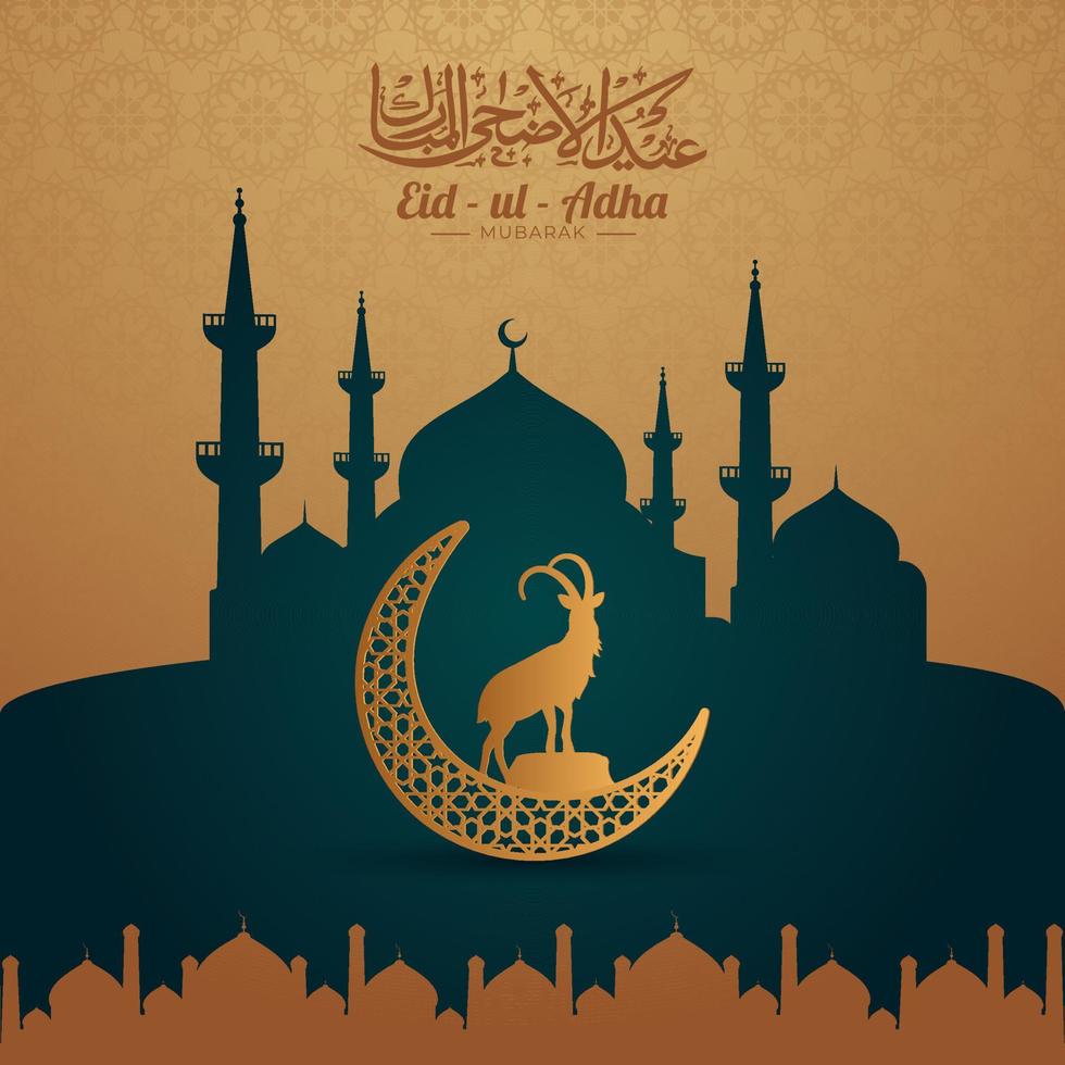 Arábica caligrafía de Eid al-Adha Mubarak texto con creciente luna, cabra y verde silueta mezquita en dorado mandala modelo antecedentes. vector