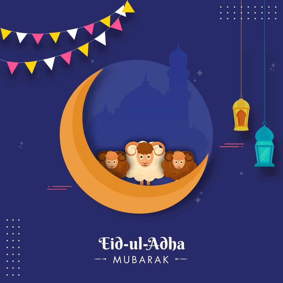 ilustración de creciente Luna con Tres dibujos animados gracioso oveja, silueta mezquita, colgando linternas y verderón banderas en azul antecedentes para eid-ul-adha mubarak. vector