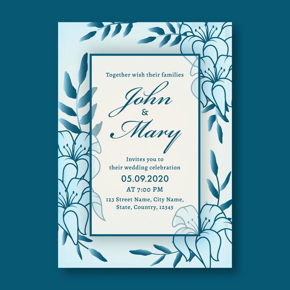 Boda invitación tarjeta modelo diseño decorado con lirio flores y lugar de eventos detalles. vector