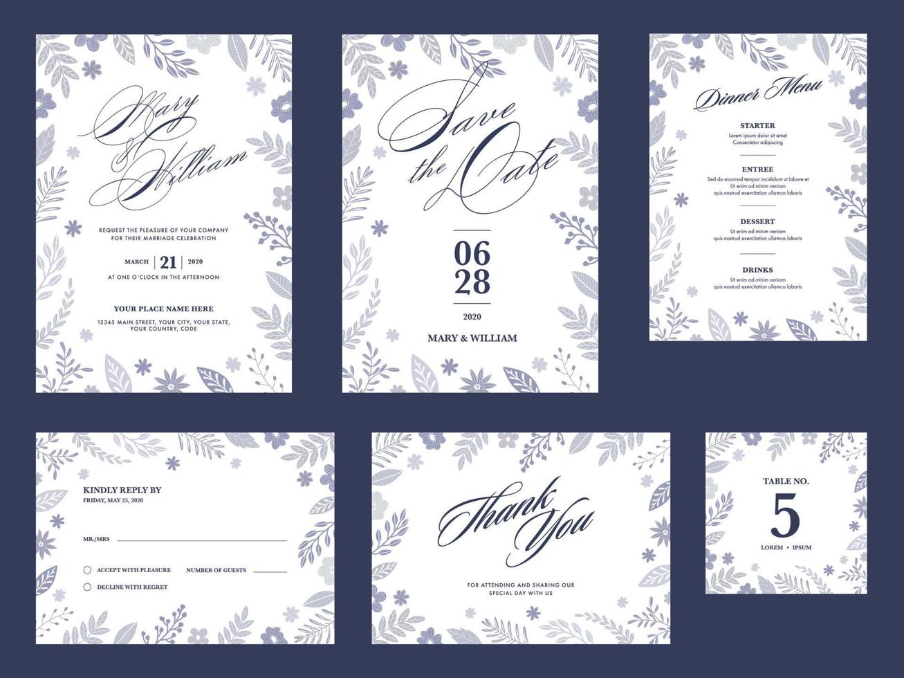 Floral Wedding Invitation Template, Dinner Menu, Save The Date, Kindly Reply, Table Number and Thank You Card. vector