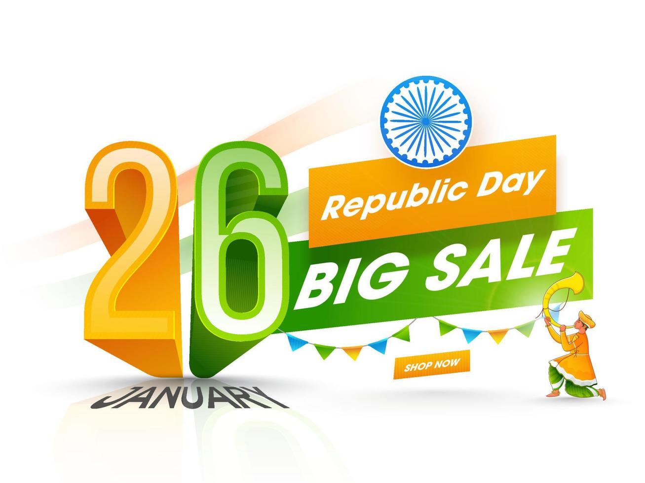 26th January, Republic Day Big Sale Poster Design With Man Blowing Tutari Horn On White Background. vector
