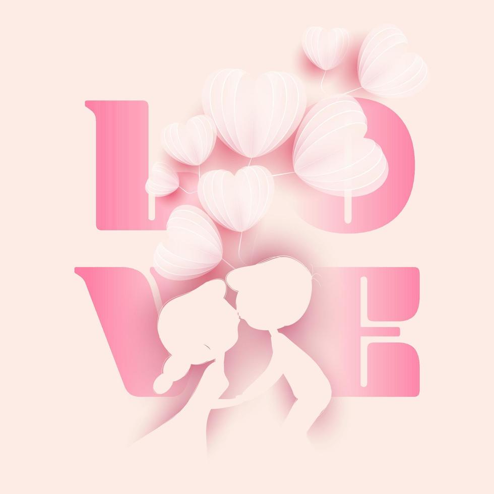 Silhouette Kids Kissing with Bunch of Origami Paper Heart Balloons for Love Concept. vector