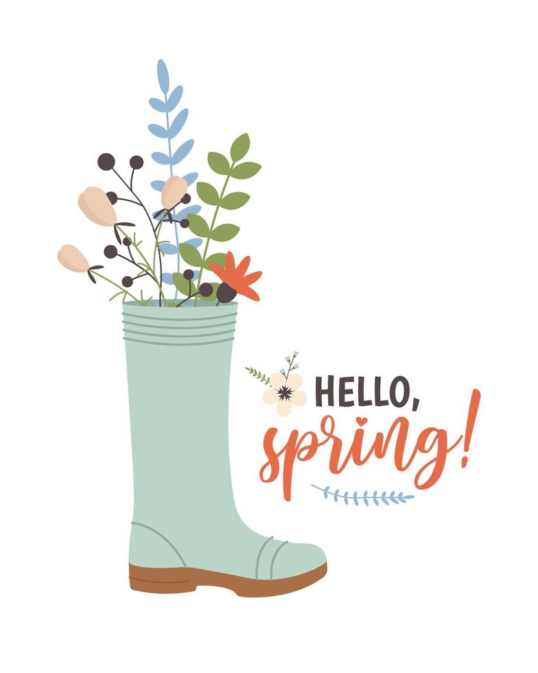 Rubber boot with hand drawn spring flowers. vector