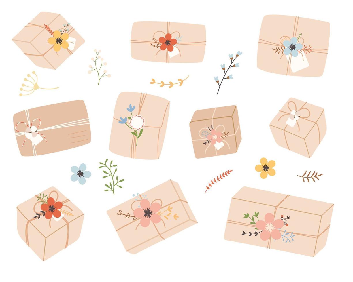 Craft gift boxes set with spring flowers. vector