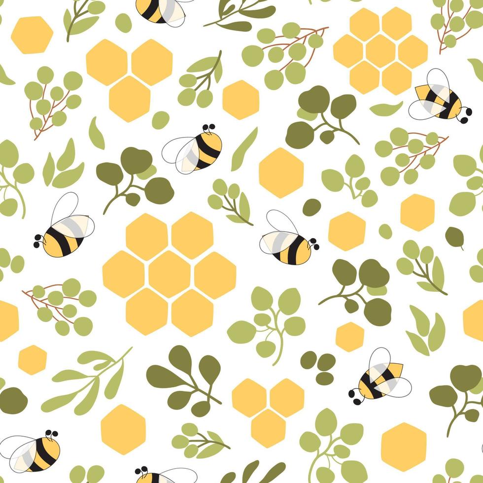 floral panal modelo. verde natural abeja miel modelo abeja sin costura modelo. linda verde hojas ramas abeja panal antecedentes. orgánico miel modelo. vector ilustración. floral abejas impresión.