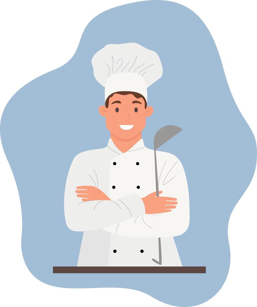 un restaurante cocinero en un blanco uniforme prepara comida en el cocina. un profesional cocinero es preparando en el cocina. internacional del chef día póster diseño ilustración, del chef día celebracion. vector