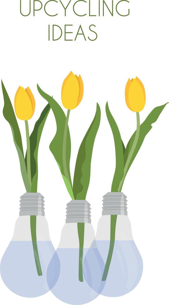 Green plants in pots of light bulbs. Cute flower bottles. Zero waste, reuse ideas. Recycling ideas to save the Earth. potting for recycling, upcycling and zero waste, Don't throw away light bulbs vector