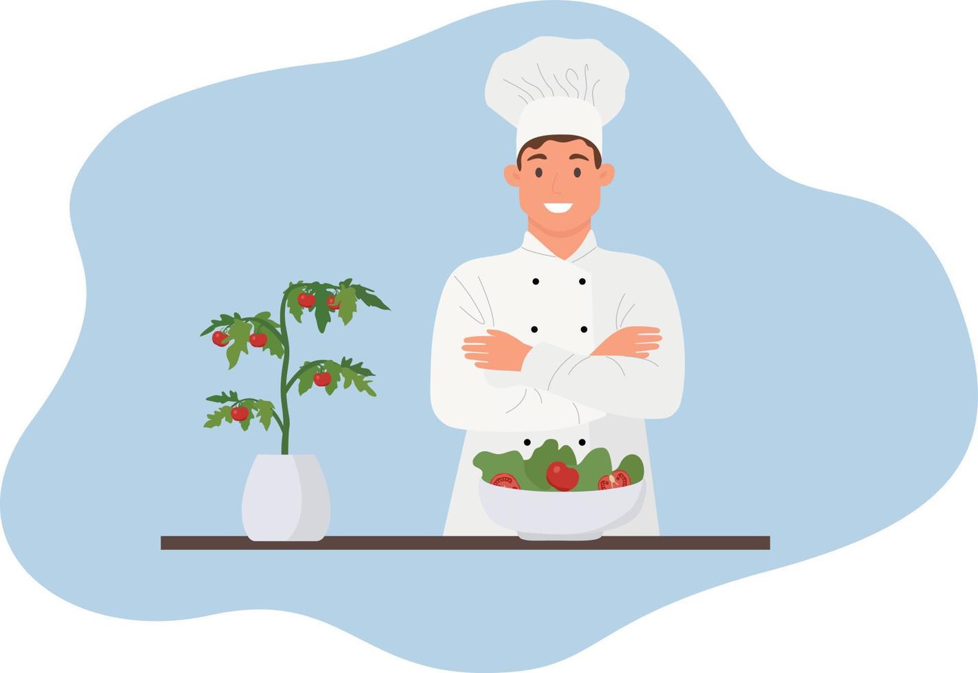 A restaurant chef in a white uniform prepares food in the kitchen. A professional chef is preparing in the kitchen. International Chef's Day poster design illustration, Chef's Day celebration. vector