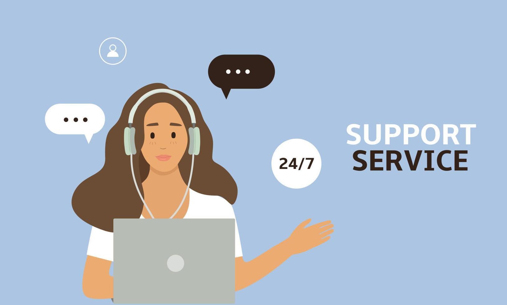 Woman with headphones and microphone with laptop. Customer service, hotline operators consult customers with headsets on computers, 247 global online technical support, Call center, call vector