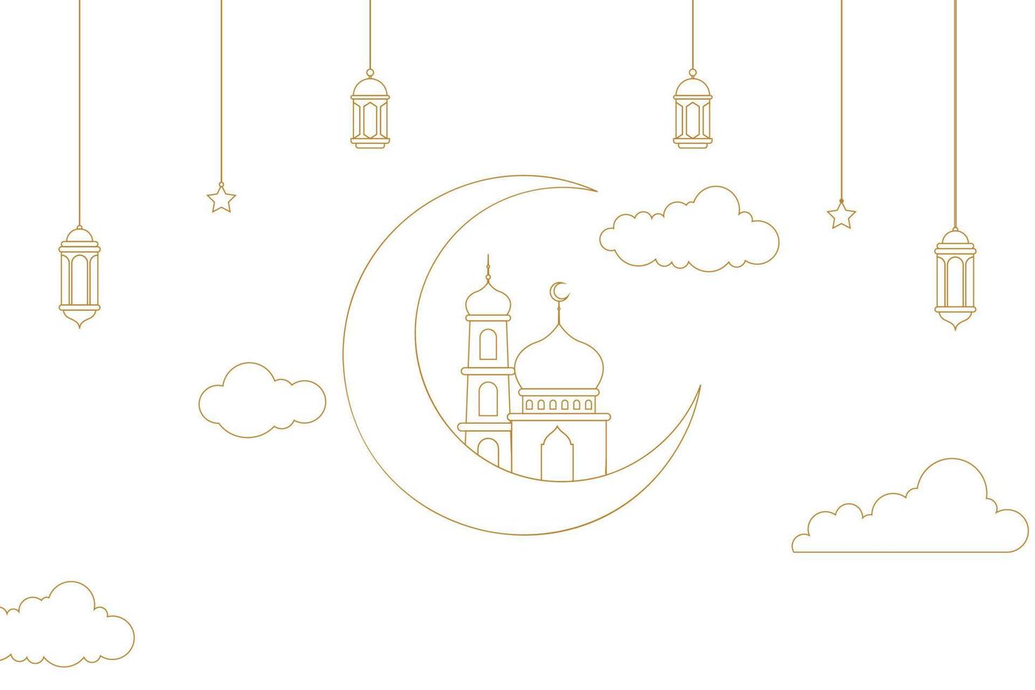 Outline Islamic Background design template for ramadan, eid alfitr, isra miraj, and islamic new year with mosque, Lantern, moon, and star. vector