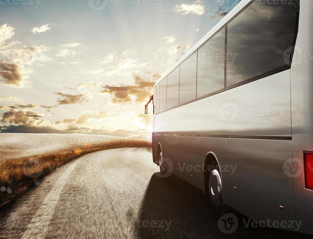 Bus driving on road. 3D Rendering photo