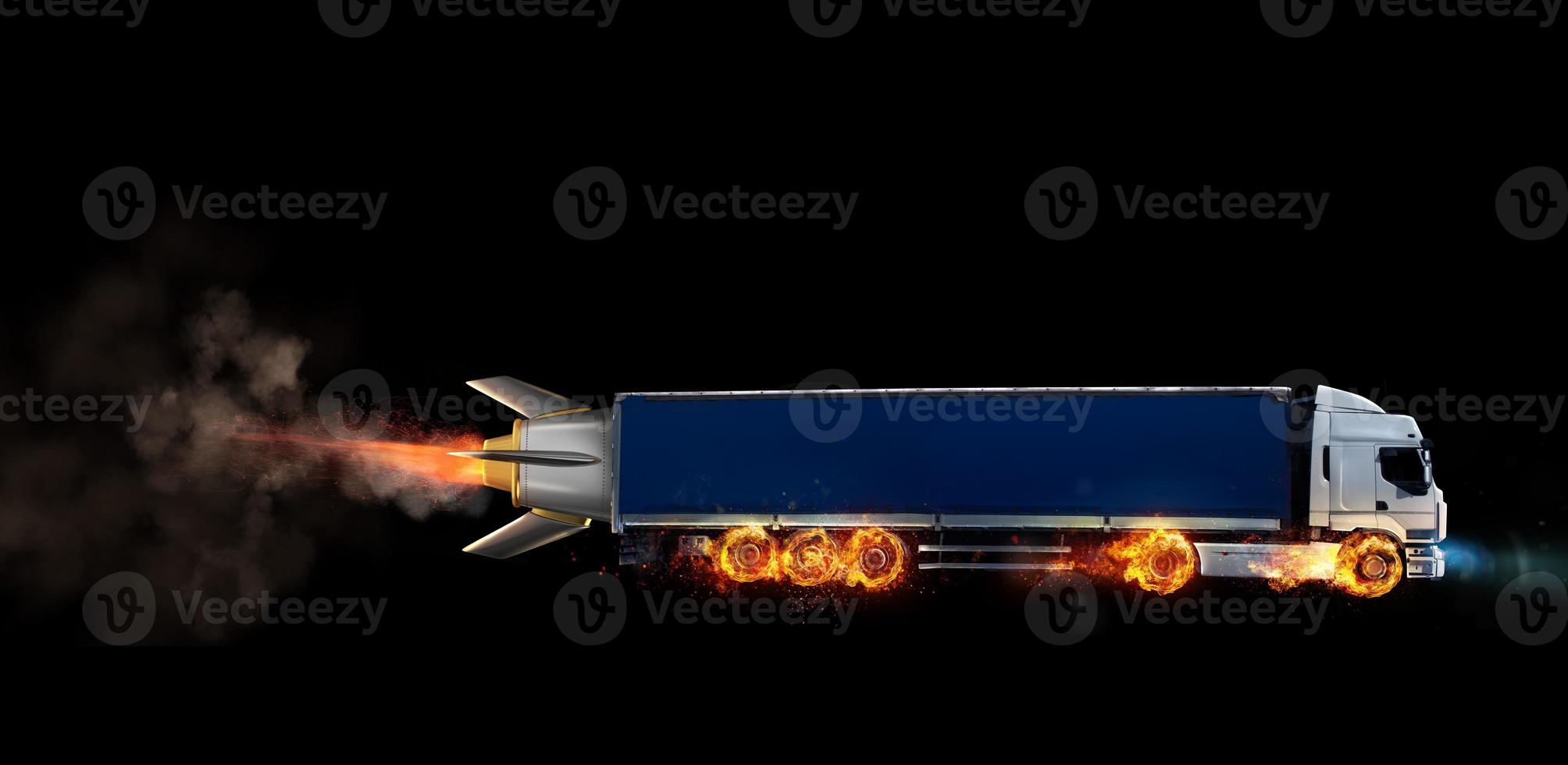 Super fast delivery of package service with a truck with wheels on fire photo
