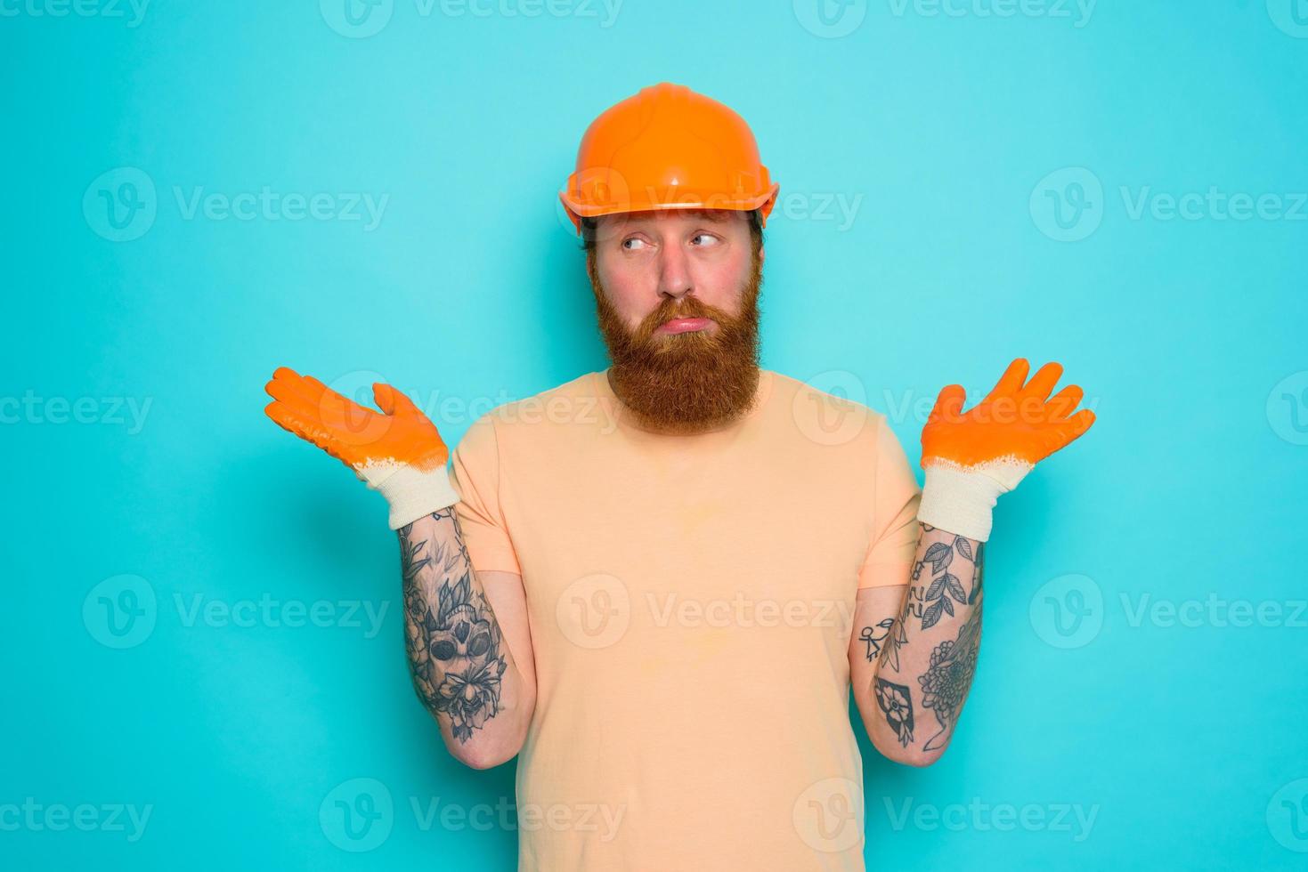 Incompetent worker is unsure and worried about his work photo