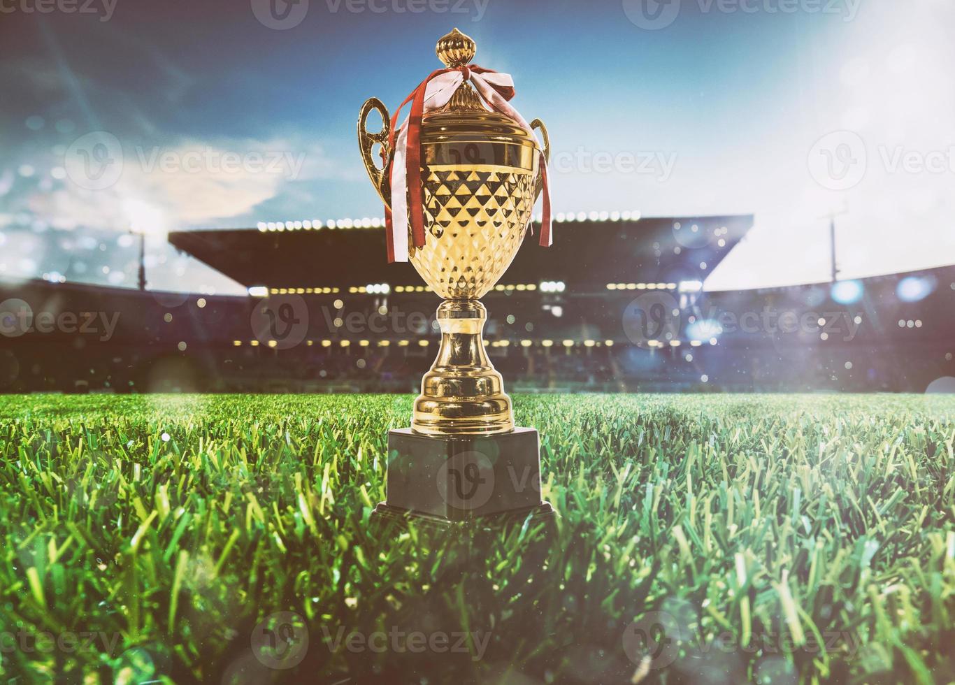 Trophy for the winning team of the championship in the center of the soccer stadium photo