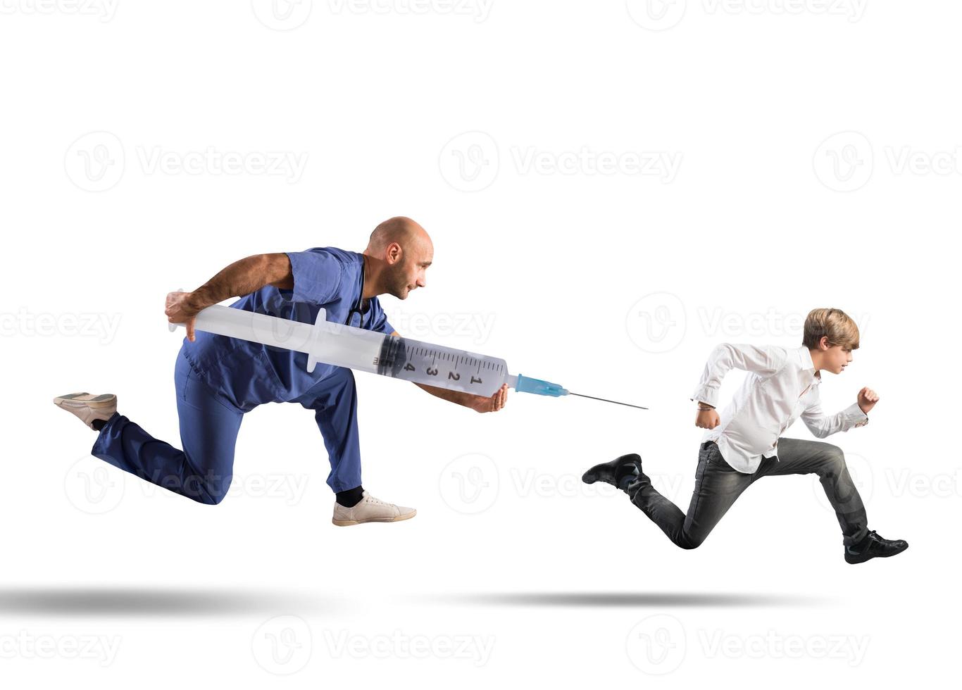 Fear of the vaccine concept with running child photo