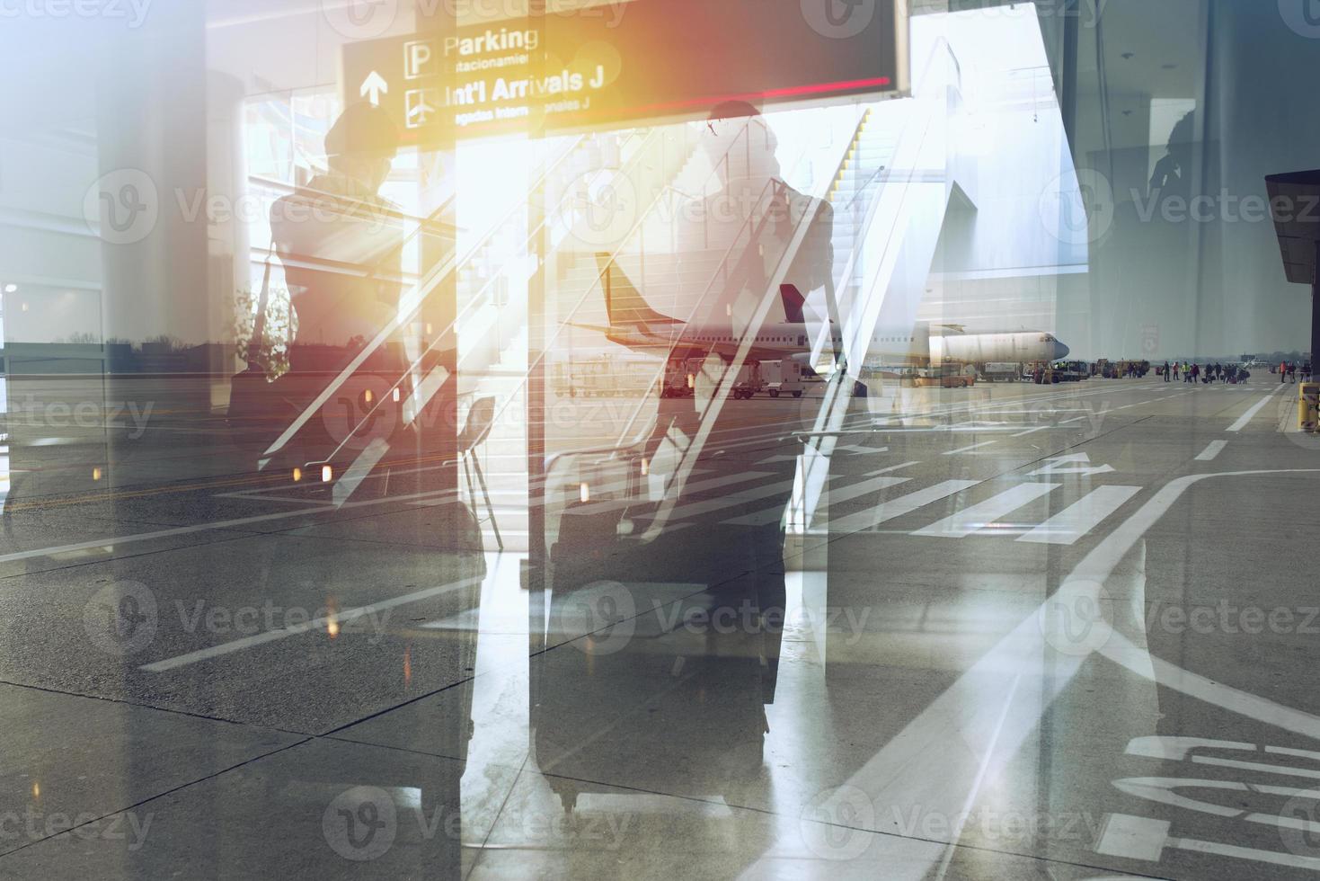 Silhouettes of businessman at the airport who waits for boarding. Double exposure photo