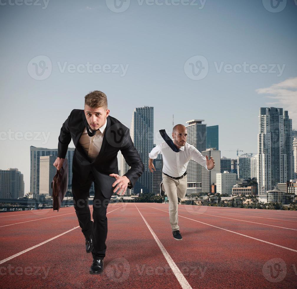 Businessman acts like a runner. Competition and challenge in business concept photo