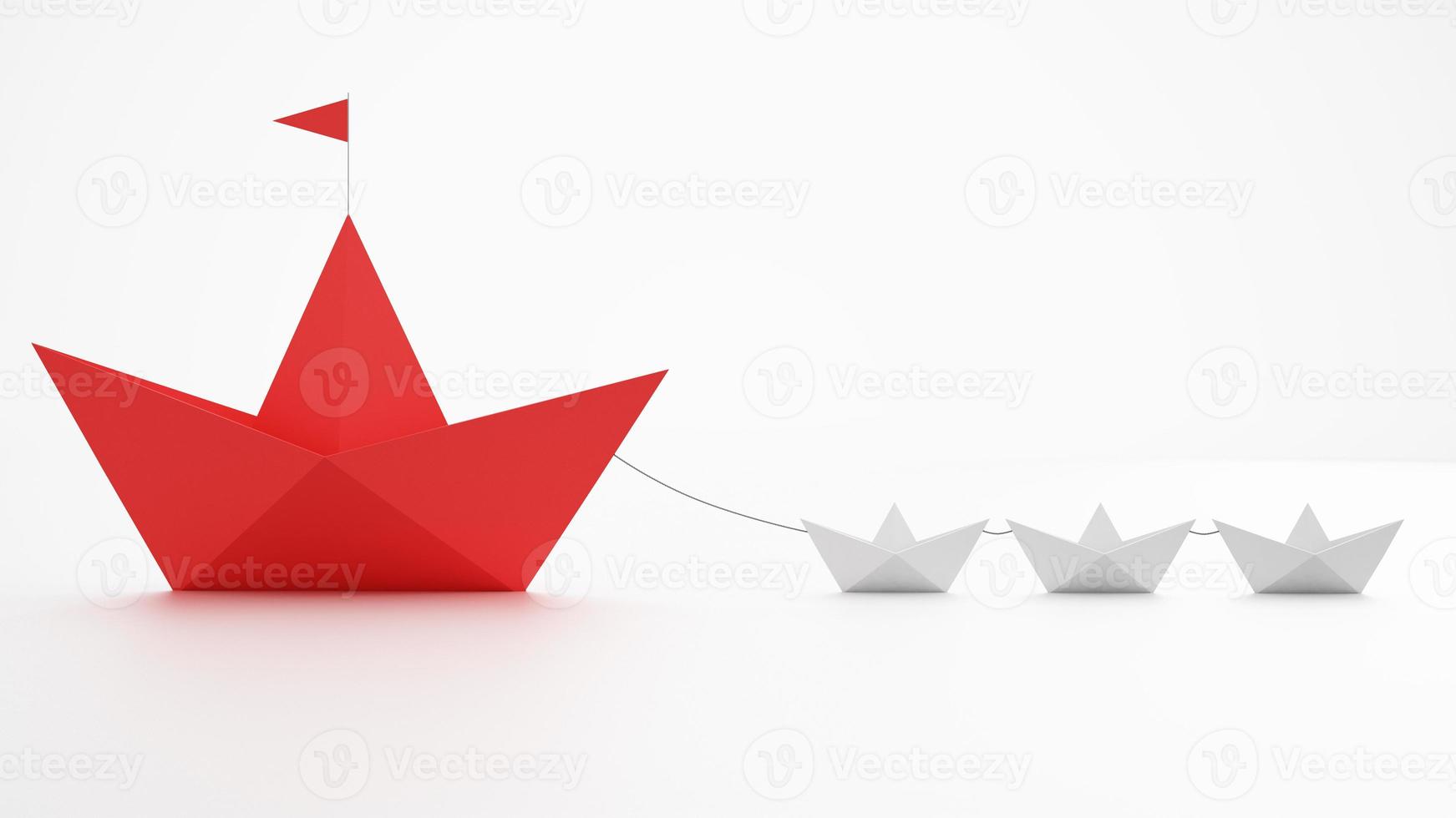 Unity is strength. Small paper boats that tow a bigger ship. Concept of teamwork and alliance. 3D Rendering photo