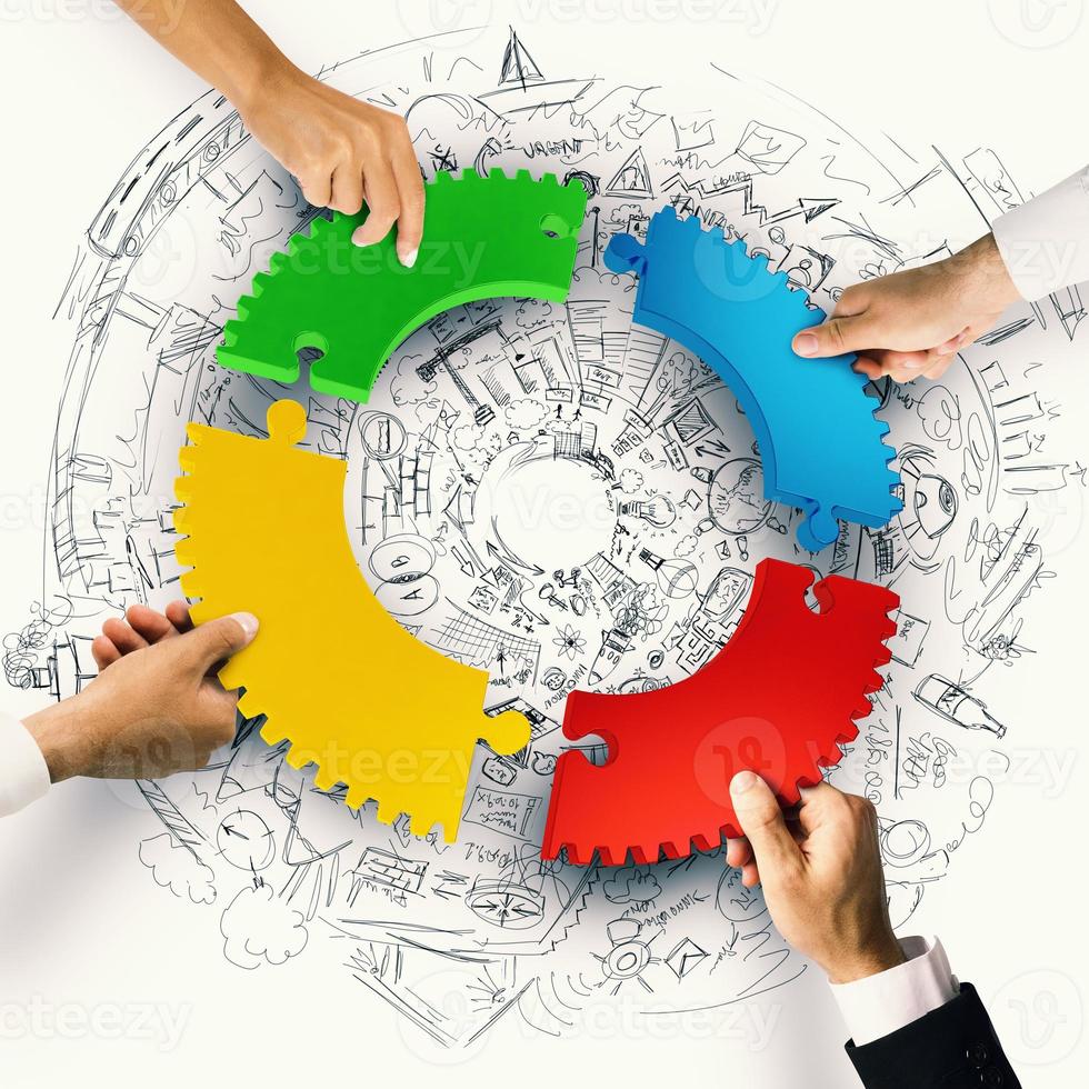 Teamwork and integration concept with puzzle pieces of gear 3D Rendering photo