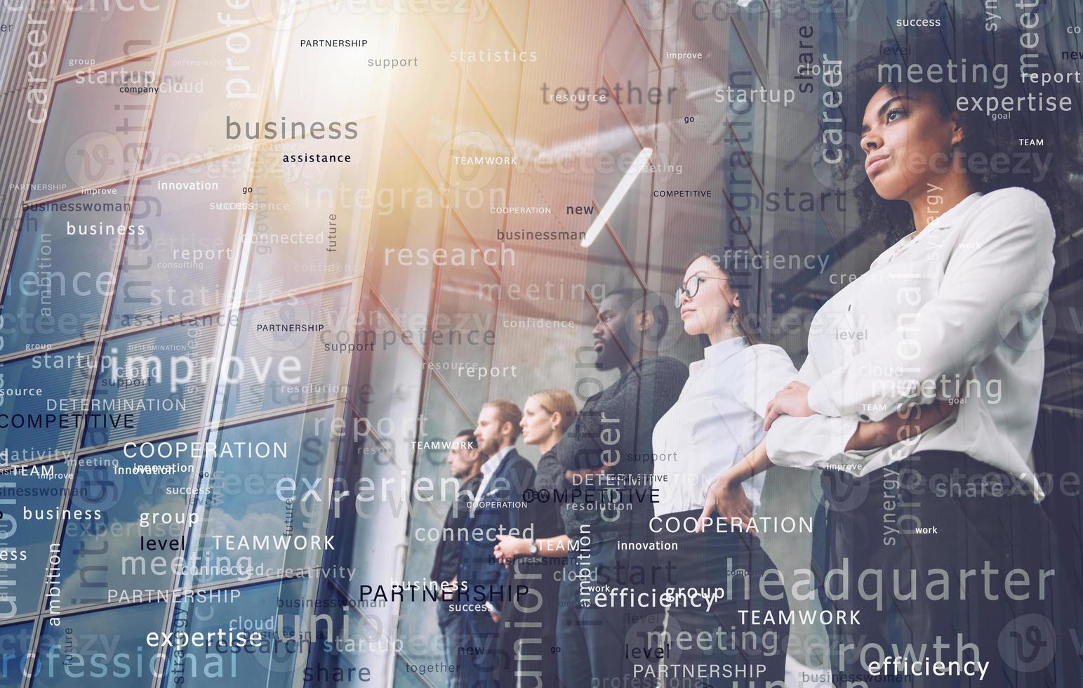 Business people in front of window look far. Future vision, teamwork startup an partnership concept. Double exposure photo