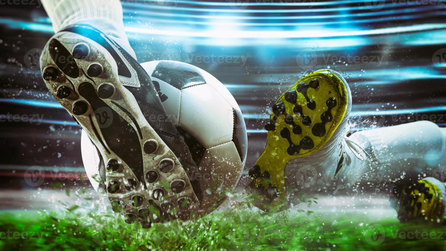 Football scene at night match with close up of a soccer shoe hitting the ball with power photo