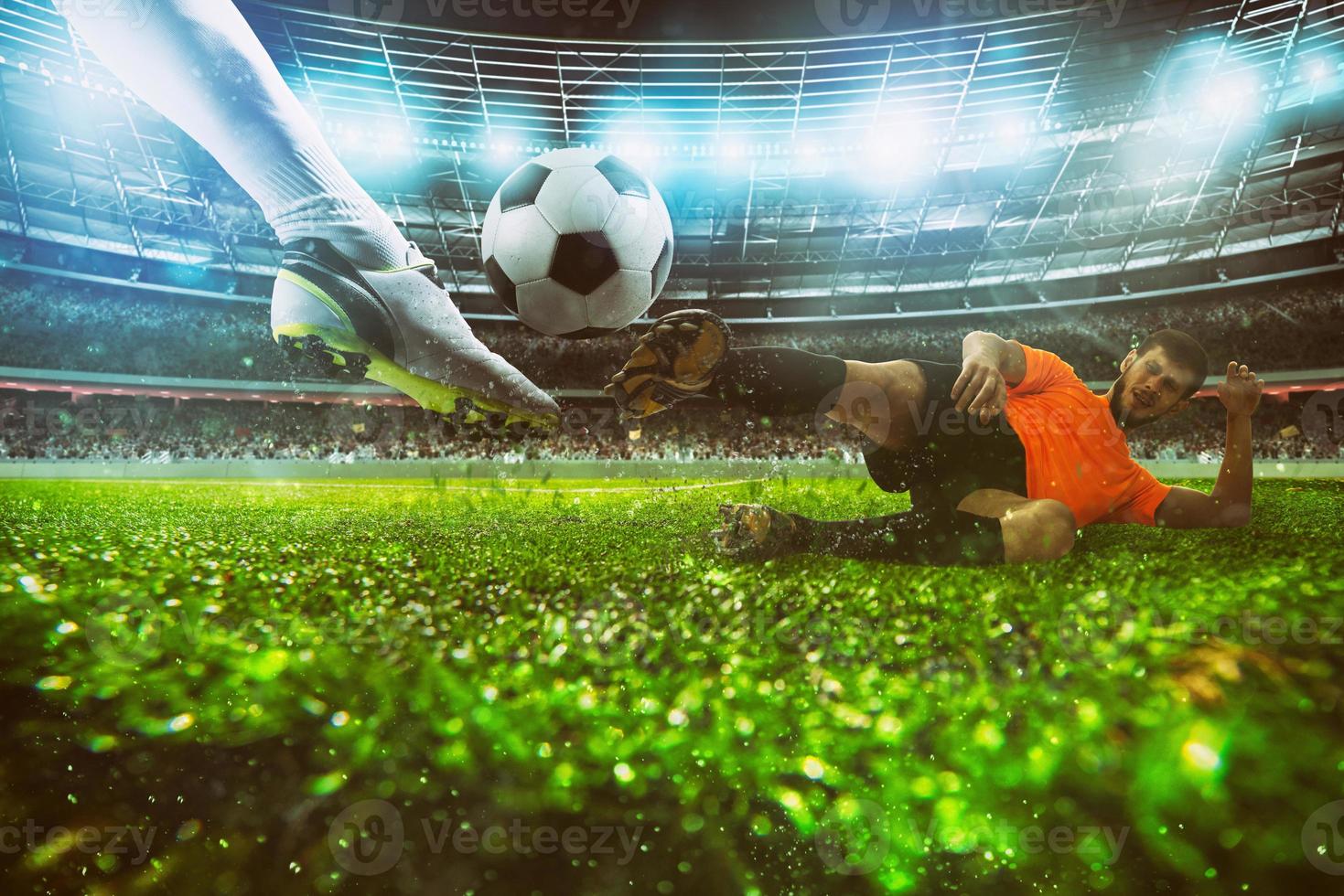 Close up of a football action scene with competing soccer players at the stadium during a night match photo