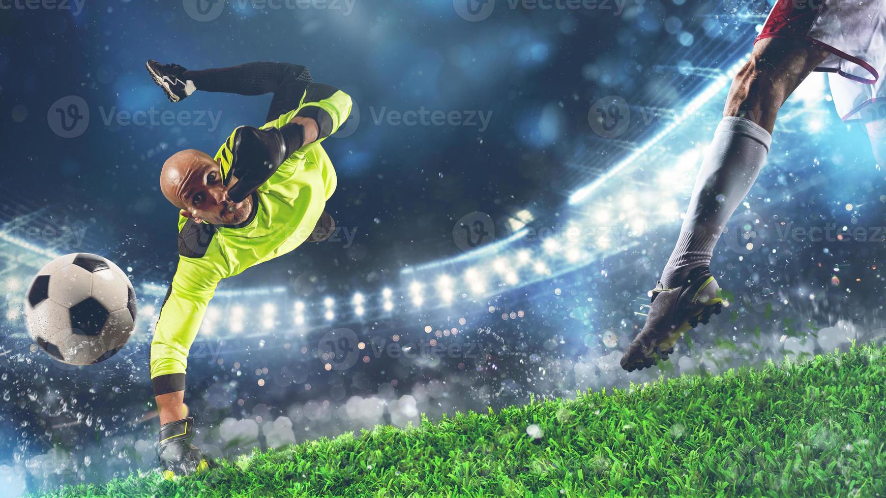 Soccer goalkeeper against the striker trying to score a goal photo