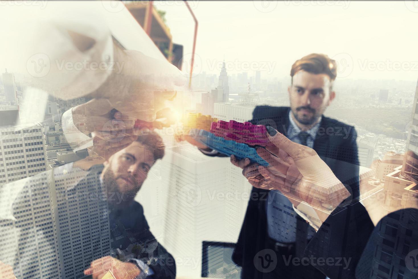 Business team connect pieces of gears. Teamwork, partnership and integration concept. double exposure photo