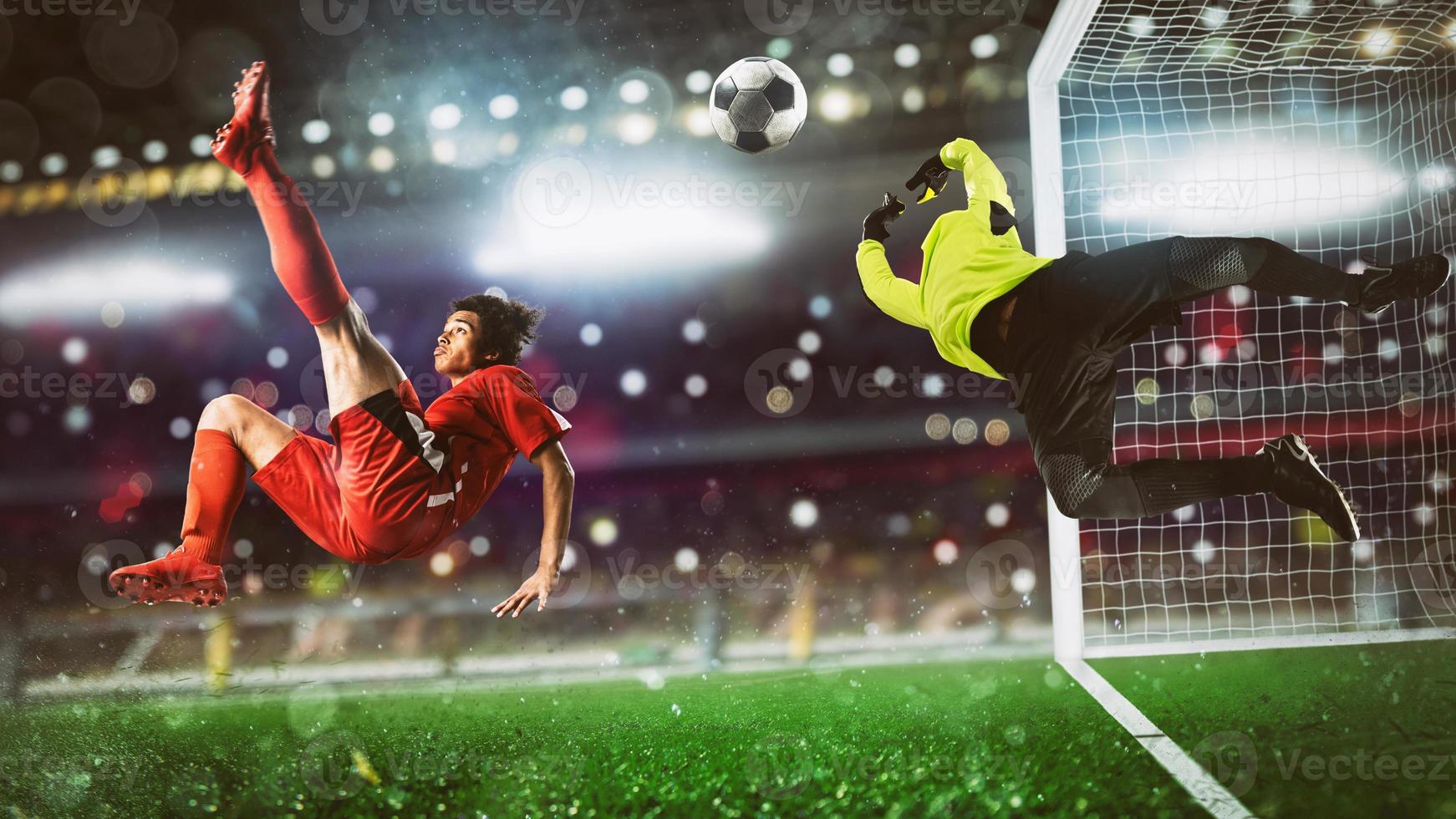 Soccer striker in red uniform hits the ball with an acrobatic kick in the air at the stadium photo