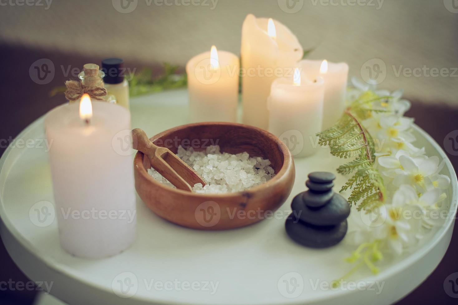 Salt Spa treatment set on wooden table photo