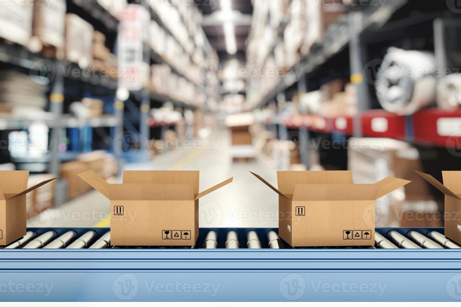 Cardboard boxes on conveyor rollers inside a warehouse ready to be shipped by courier for distribution photo