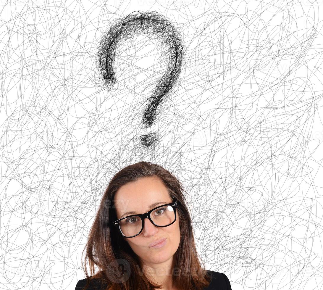 Businesswoman with big question photo