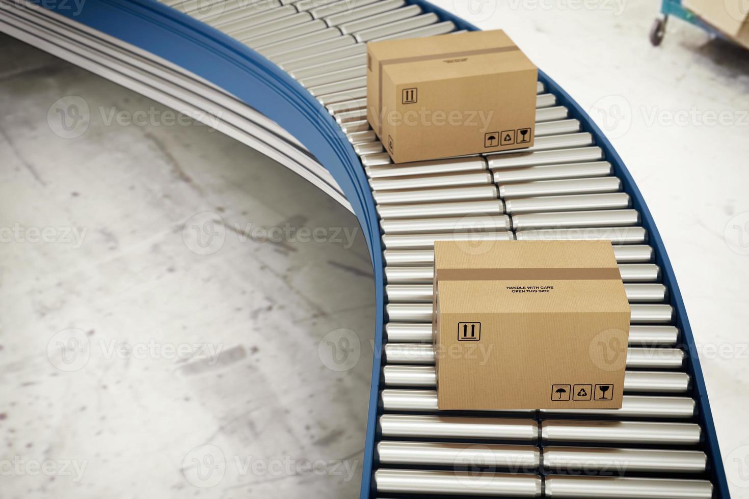 Cardboard boxes on conveyor rollers ready to be shipped by courier for distribution photo