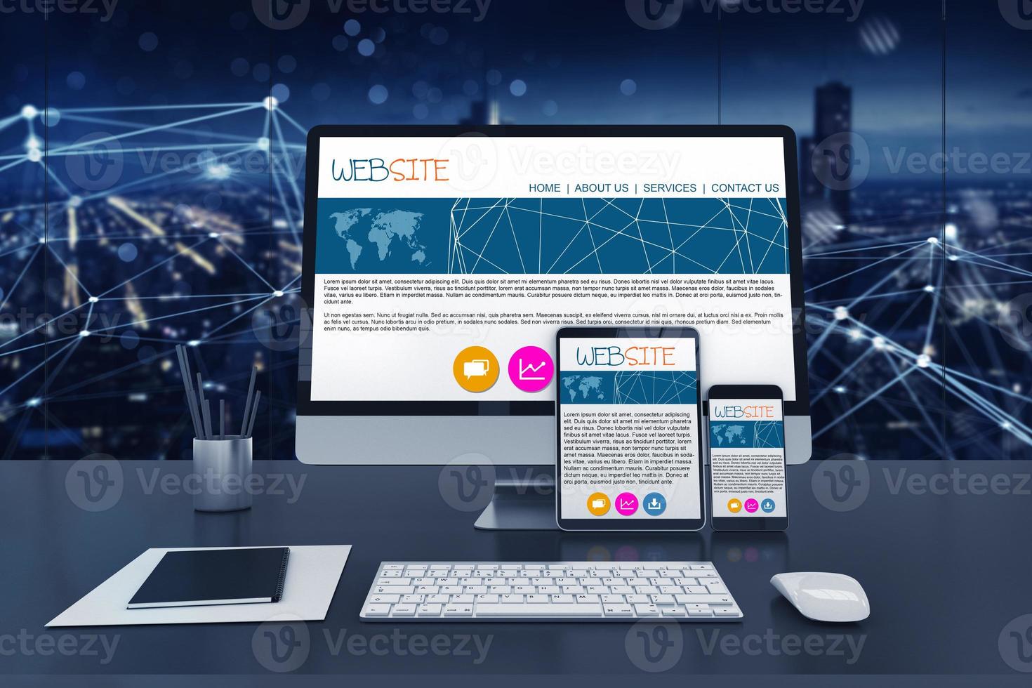 Responsive website on different devices, laptop, computer and smartphone. 3D Rendering photo