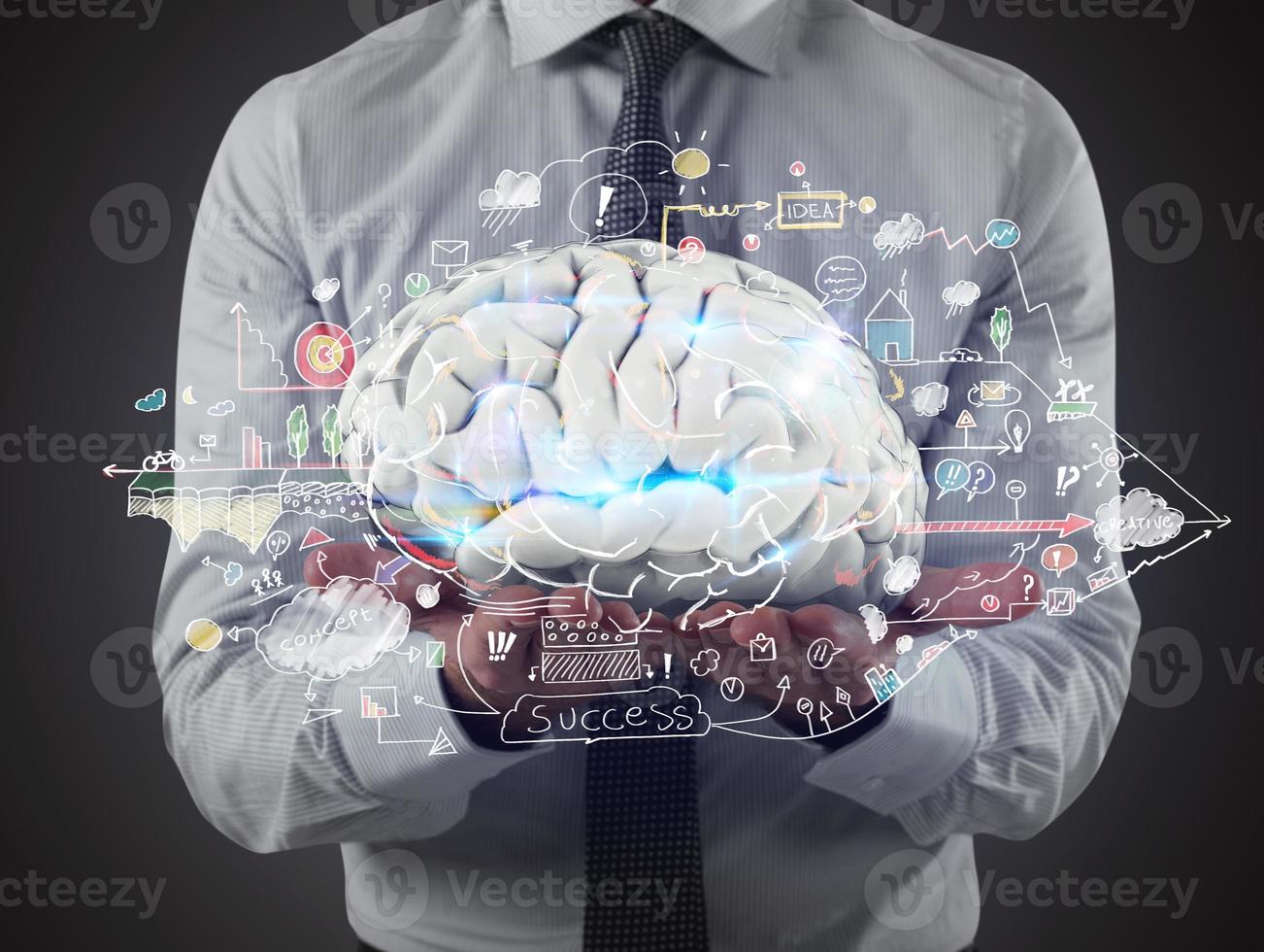 Man holds a brain with business drawing sketches on his hands. 3D Rendering photo