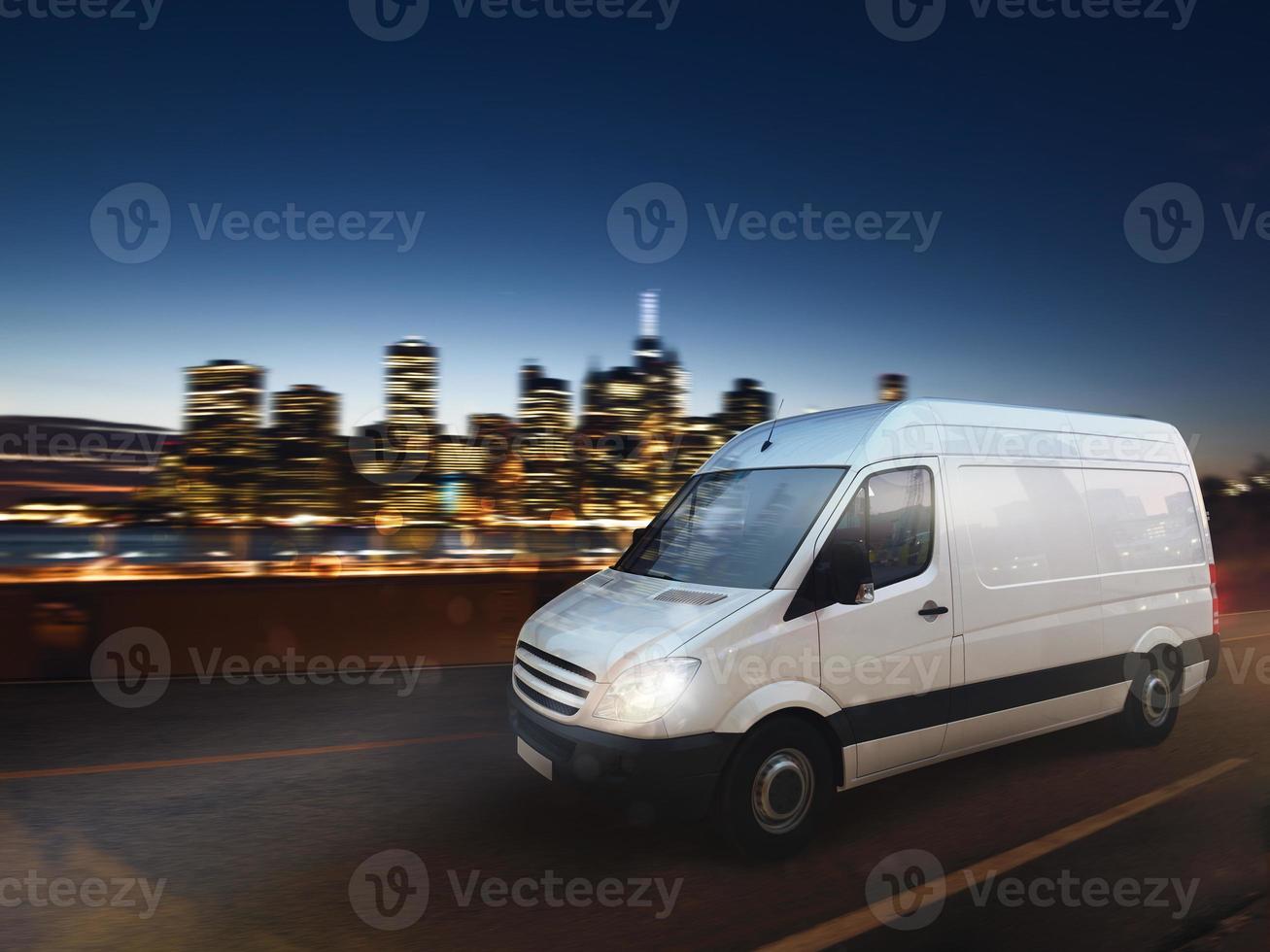 Fast van on a city road delivering at night. 3D Rendering photo