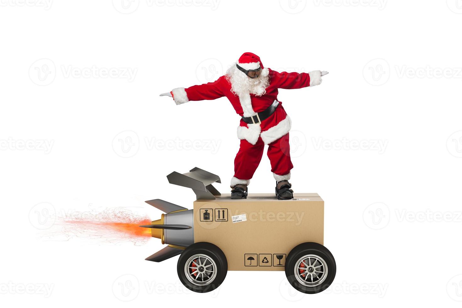 Sants Claus and super fast delivery of package service with box like a rocket. photo