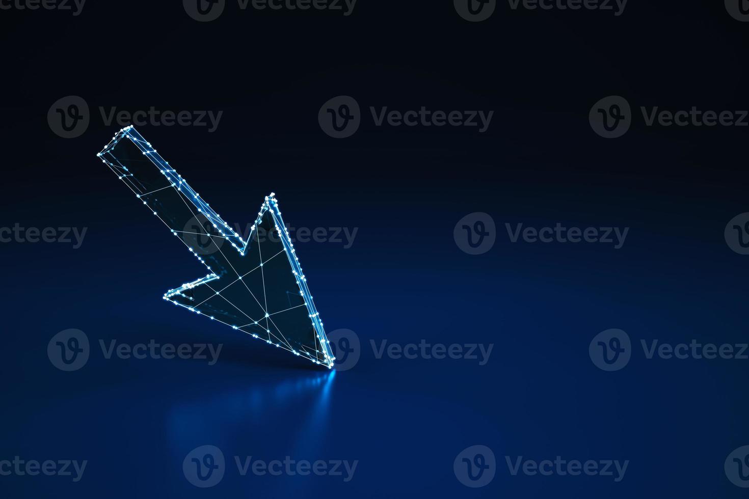 Illuminated wireframe digital arrow on dark blue background. 3D Rendering photo