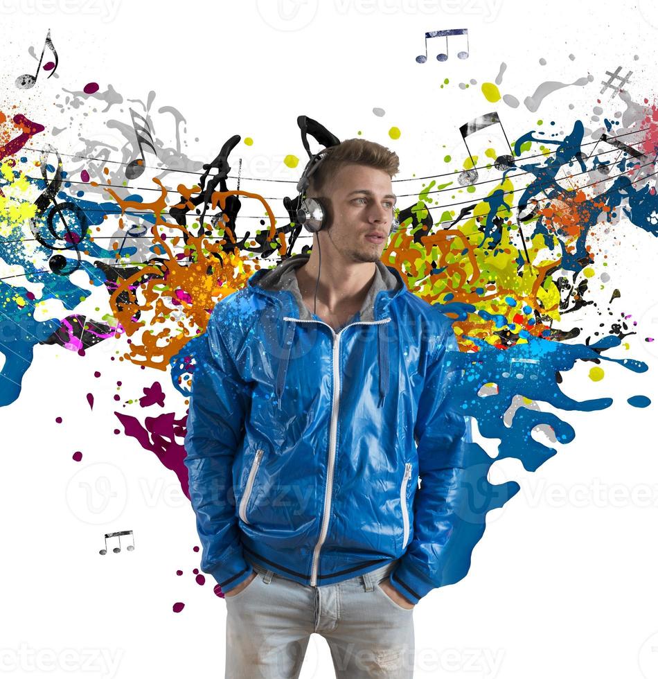Boy and music note splashing photo