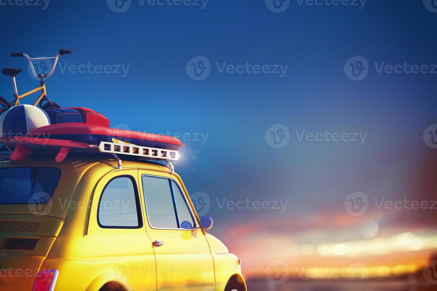 Car on the road ready for summer holiday. 3D Rendering photo