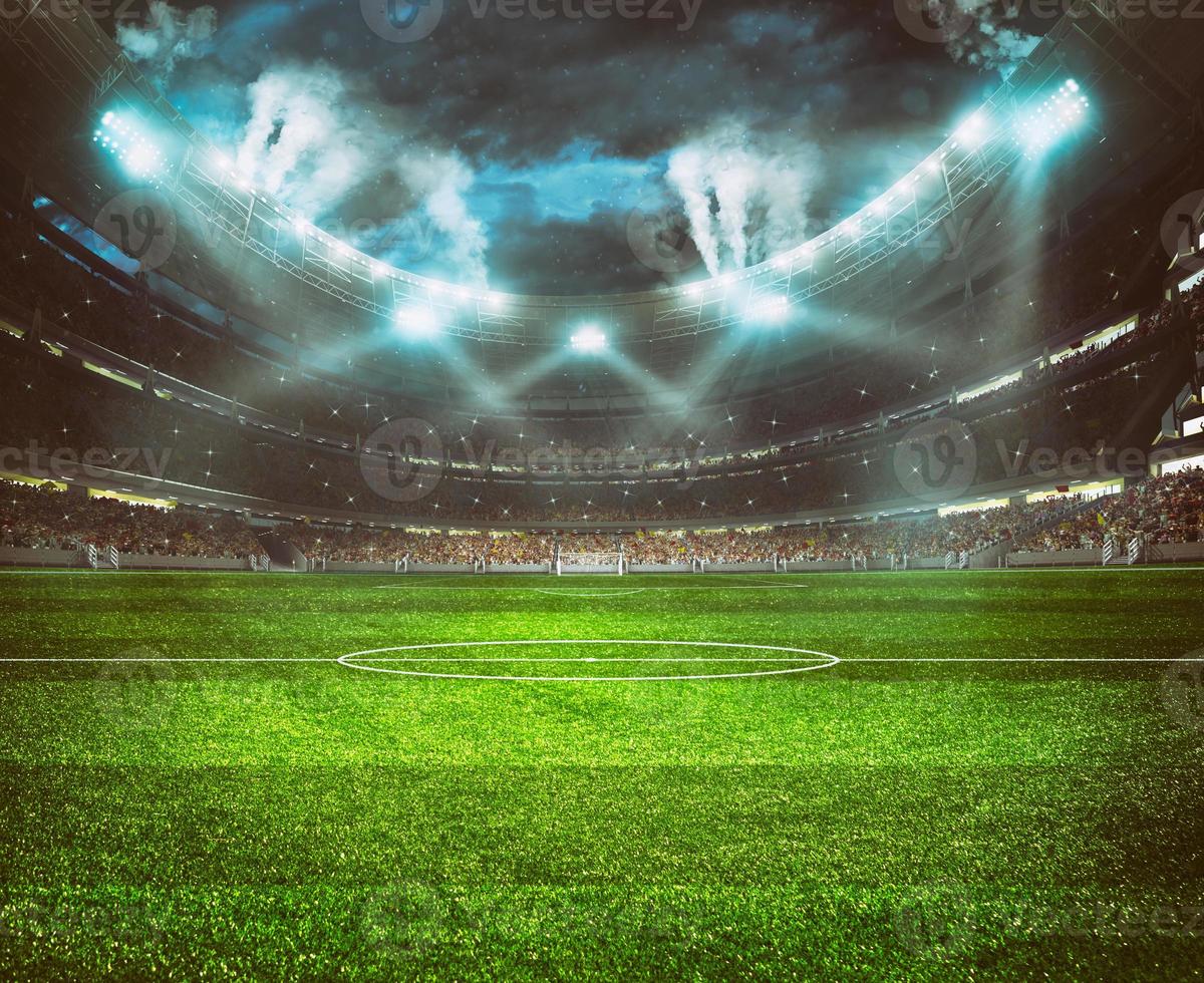 Football stadium with the stands full of fans waiting for the night game. 3D Rendering photo