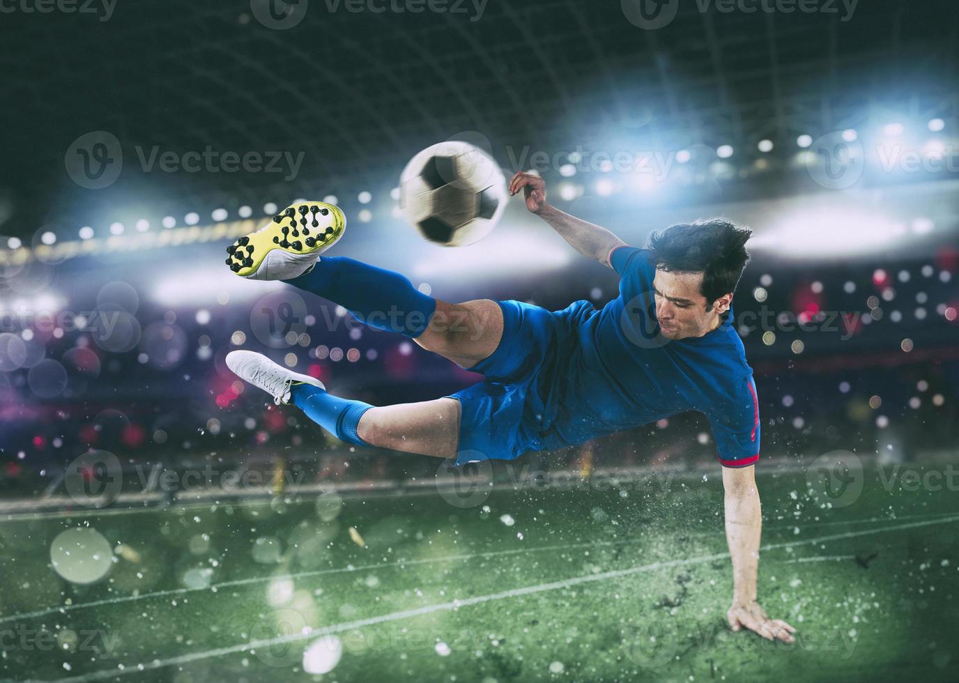 Football scene at night match with player kicking the ball with power. photo