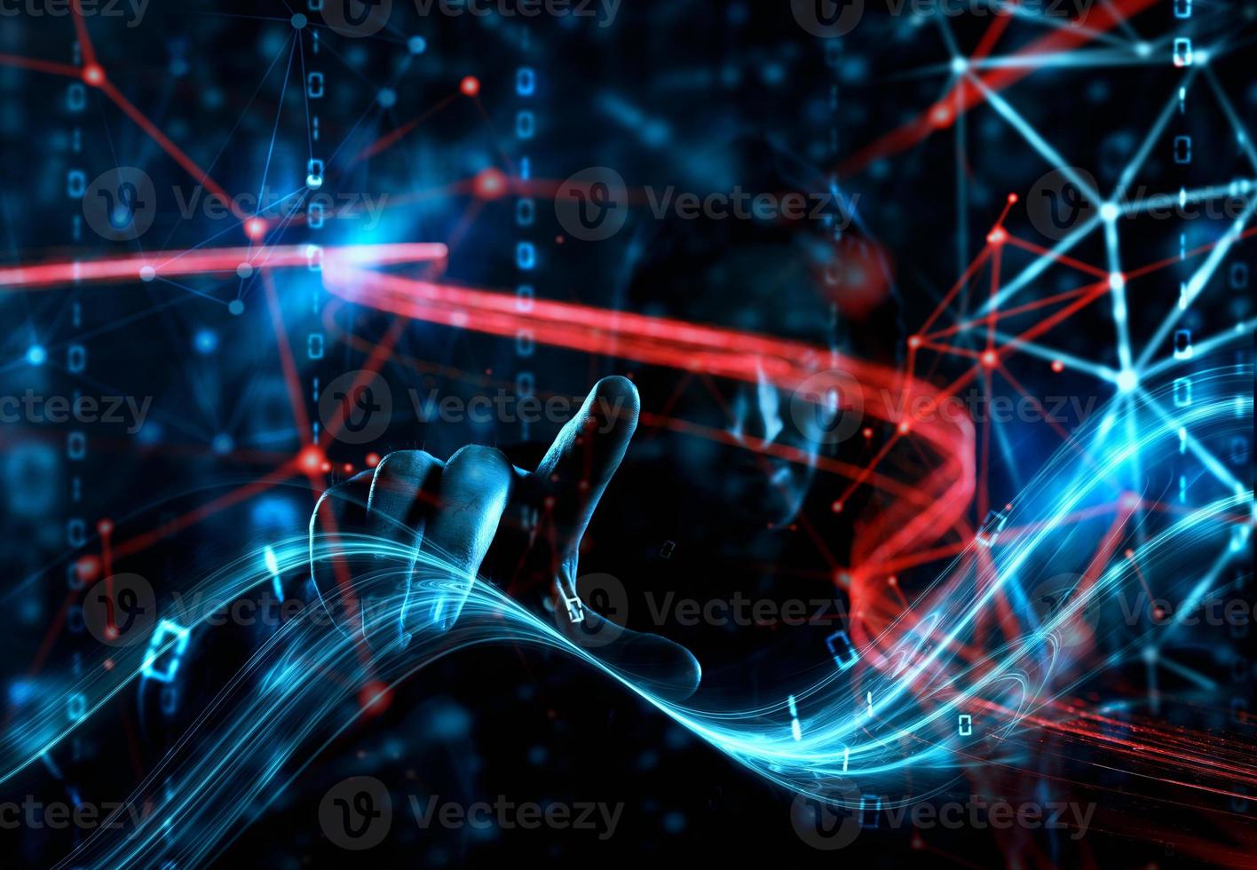 Concept of safety with hacker in a dark environment with digital and network effects photo
