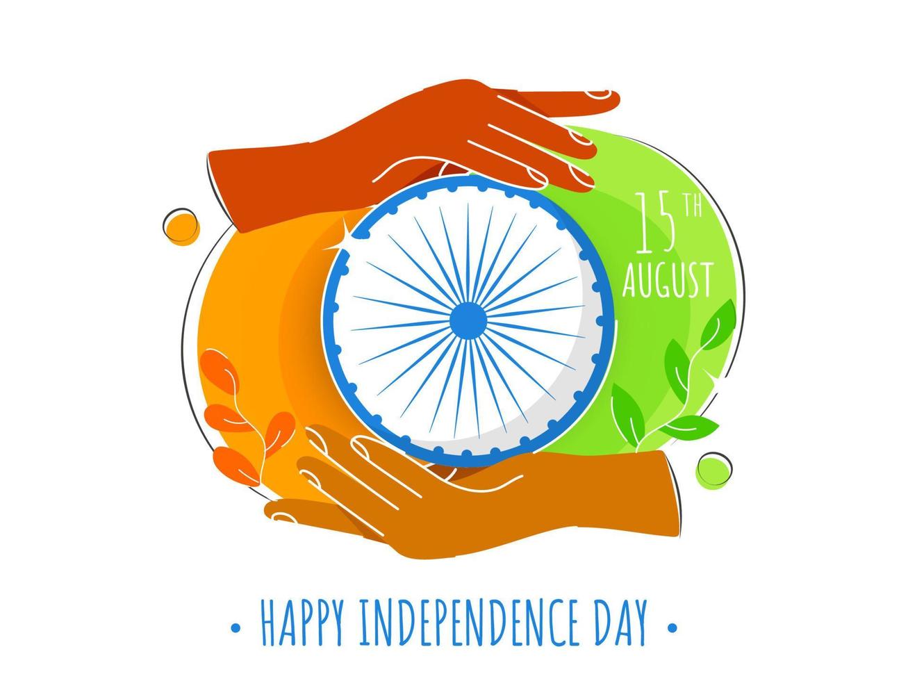 Creative Human Hands holding Ashoka Wheel with Leaves for Happy Independence Day Concept. vector