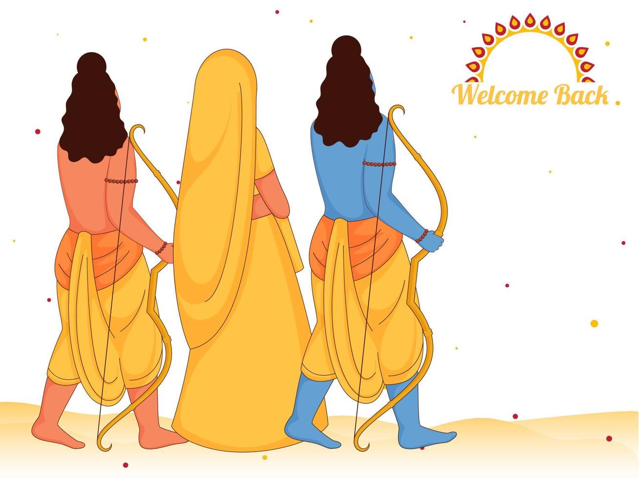 Back View of Hindu Mythology Lord Rama with His Sita and Brother Laxman on White Background with Welcome Back Message. vector