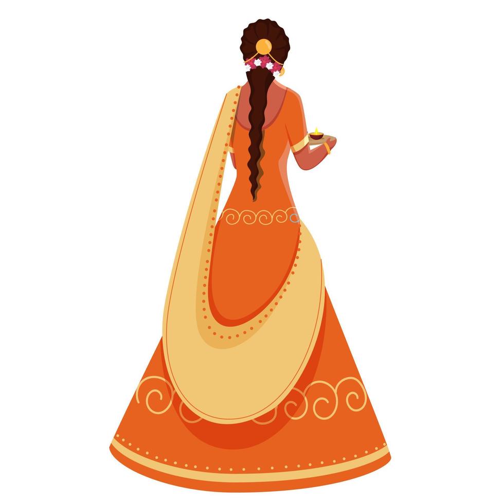 Back View of Young Woman Holding Plate of Oil Lamps in Standing Pose. vector